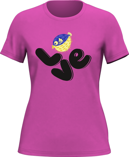Love Fishing Blue Blowfish Globe T-Shirt for Women